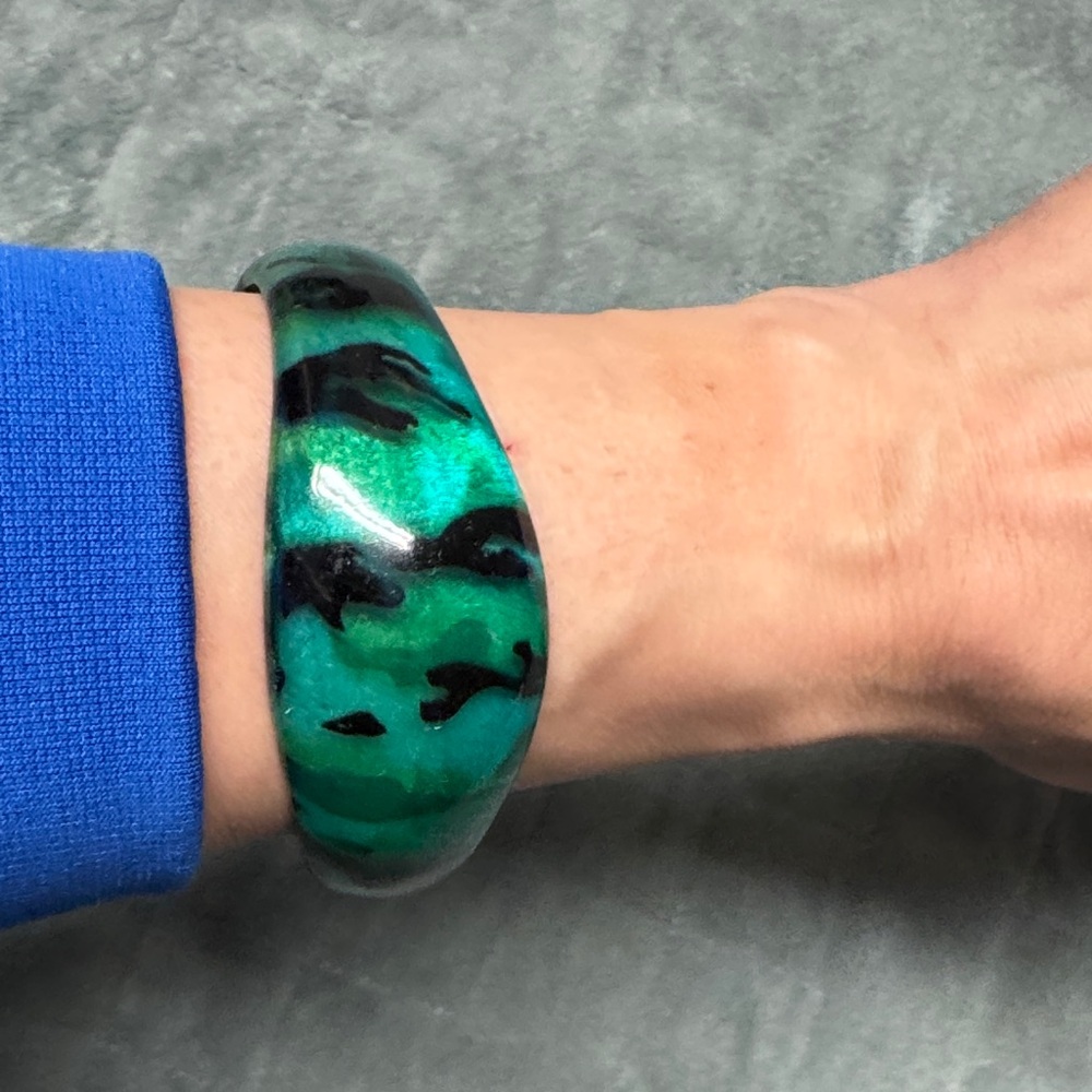 Vintage Plastic Bangle Bracelet, Leopard Print, Teal, Black, Retro Boho